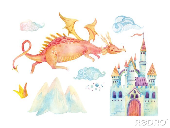 Poster Een draak die over een kasteel met torentjes vliegt