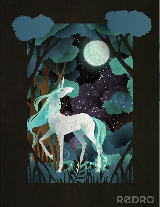 Poster Een eenhoorn in een maanverlicht bos