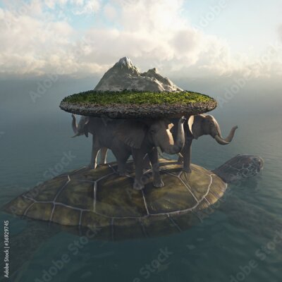 Poster Een eiland dat wordt ondersteund door olifanten en een schildpad.