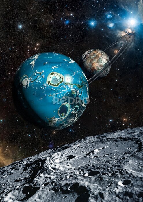 Poster Een exoplaneet met poollicht en manen