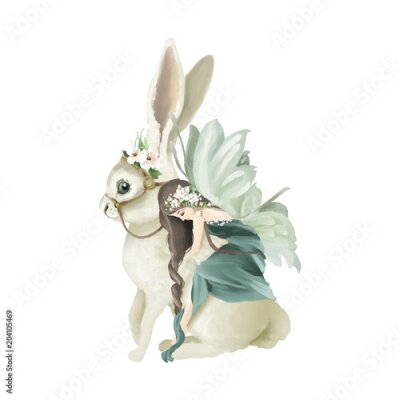 Poster Een fee die op een konijn zit.