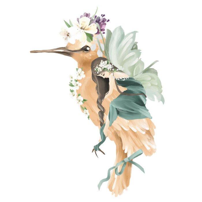 Poster Een fee met groene vleugels die een vogel koestert