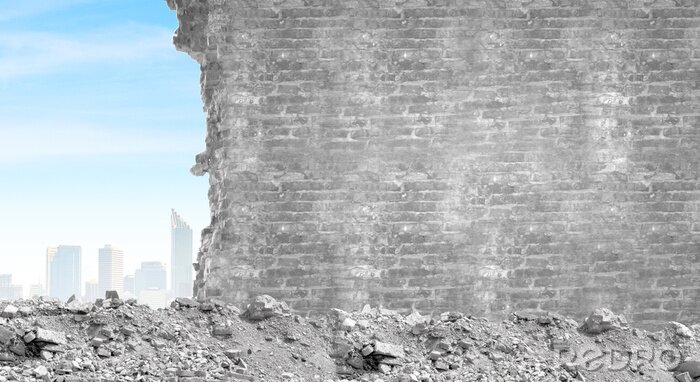 Poster Een gat in de muur tussen het puin