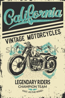 Poster Een grafische afbeelding van een retro motorfiets met het woord California erop geschreven.