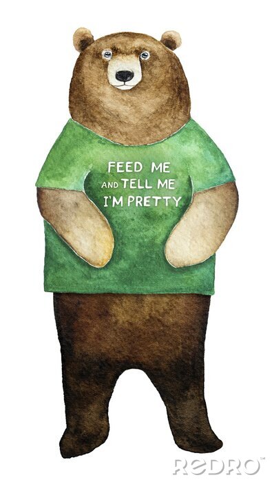Poster Een grote bruine beer in een groen T-shirt