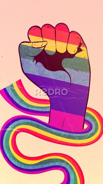 Poster Een hand gewikkeld in een regenbooglint