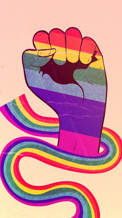 Poster Een hand gewikkeld in een regenbooglint