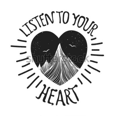 Poster Een hart met een berglandschap en de woorden "Luister naar je hart".
