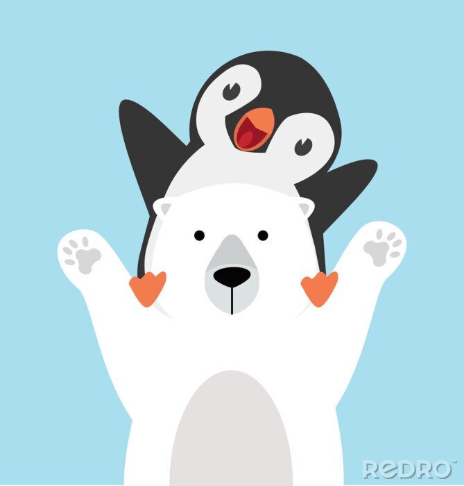 Poster Een ijsbeer met een pinguïn op zijn schouders