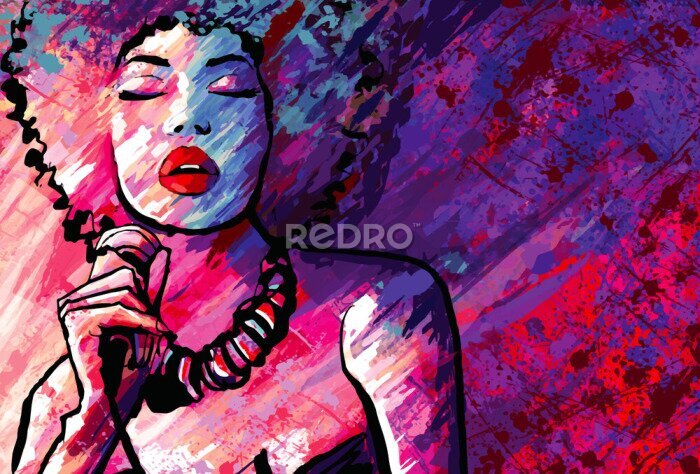 Poster Een jazz-zangeres met een microfoon tegen een geschilderde achtergrond