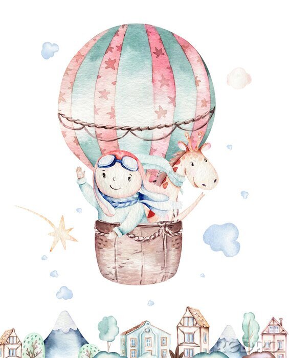 Poster Een jongen en een giraf in een vliegende ballon