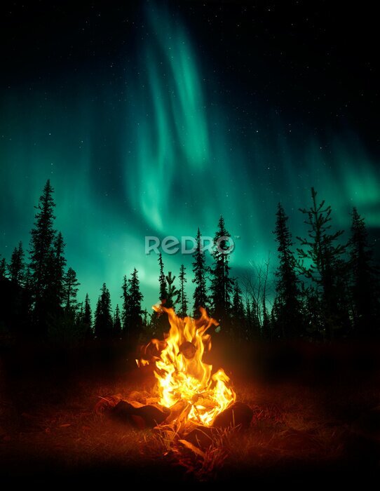 Poster Een kampvuur in het bos met het noorderlicht op de achtergrond.