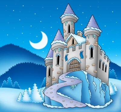 Poster Een kasteel omgeven door winterlandschap