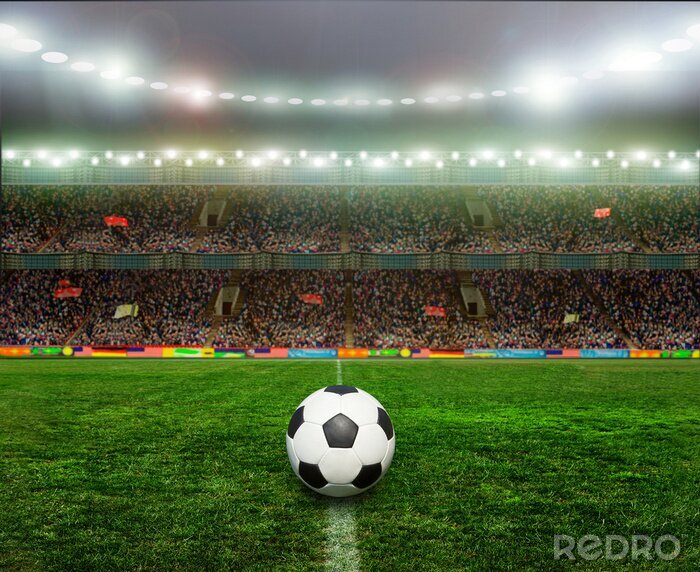 Poster Een kleurrijk stadion en een bal op de voorgrond