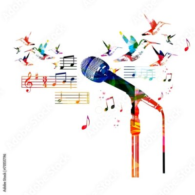Poster Een kleurrijke compositie met een microfoon en muzieknoten.