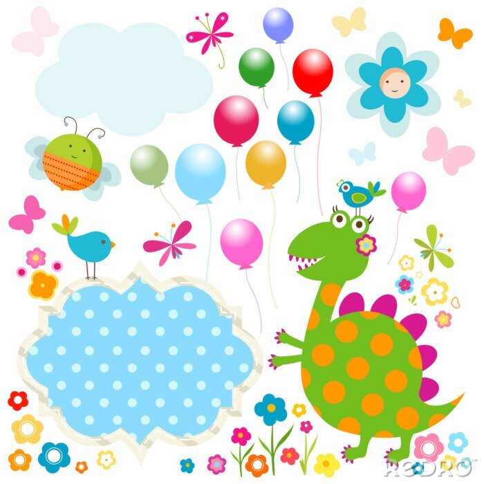 Poster Een kleurrijke dinosaurus tussen vrolijke regenboogmotieven