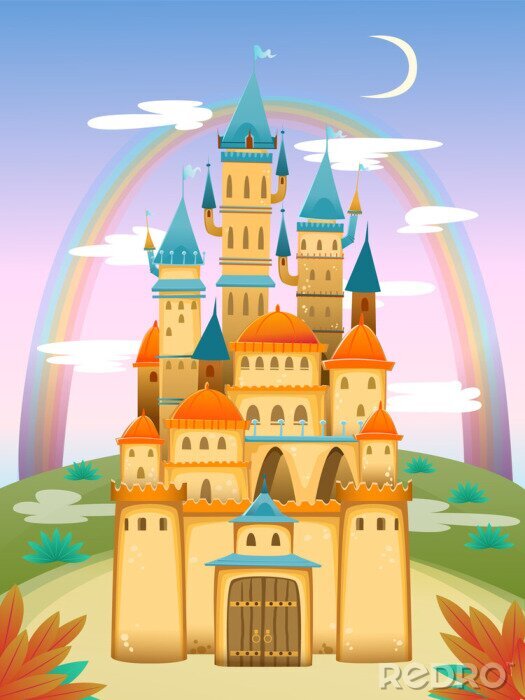 Poster Een koninklijk kasteel met een regenboog op de achtergrond