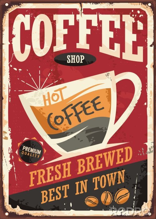 Poster Een kopje koffie op een retro badge