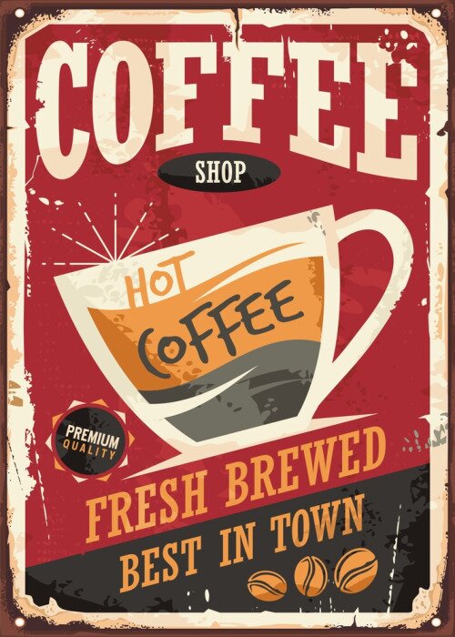Poster Een kopje koffie op een retro badge