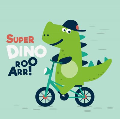 Een lachende dinosaurus op een groene fiets