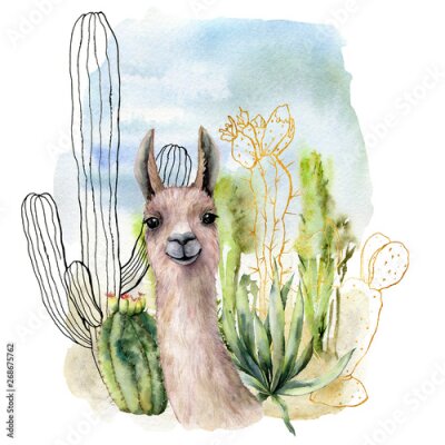 Poster Een lama met cactussen op de achtergrond.