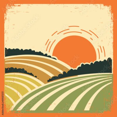 Poster Een landelijk landschap met velden in retrostijl.