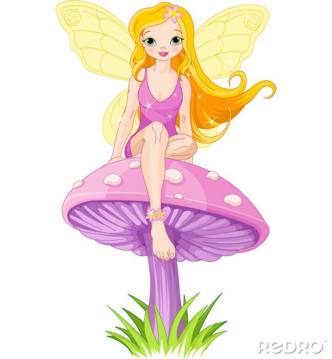 Poster Een langharige fee zittend op een paarse paddenstoel