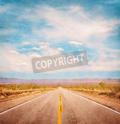 Poster Een lege woestijn weg met een geweven achtergrond en een subtiele vignet.