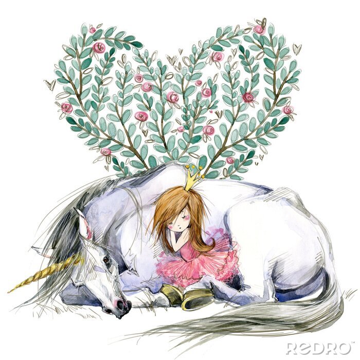 Poster Een liggende eenhoorn en een prinses die erop slaapt