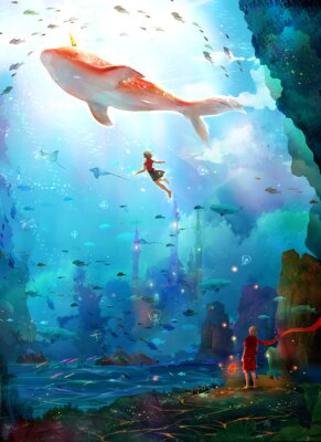 Poster Een magisch land met een kasteel onder water.