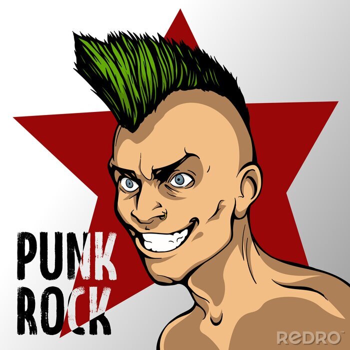 Poster Een man met een groene mohawk op de achtergrond van een rode ster en een inscriptie van punkrock