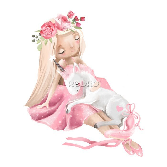 Poster Een meisje dat een eenhoorn knuffelt