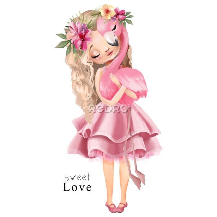 Poster Een meisje dat een flamingo knuffelt