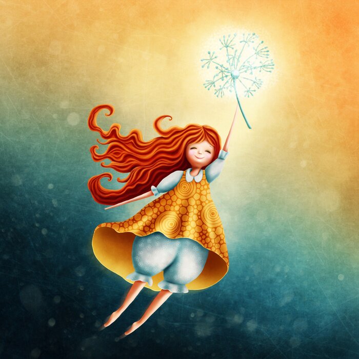 Poster Een meisje gedragen door een paardebloem