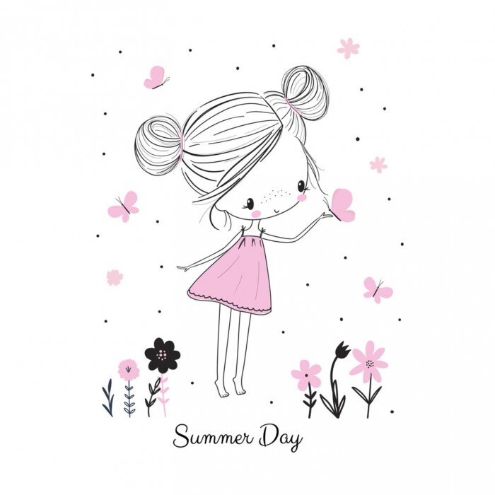 Poster Een meisje in een roze jurk en een vlinder vliegt naar haar toe