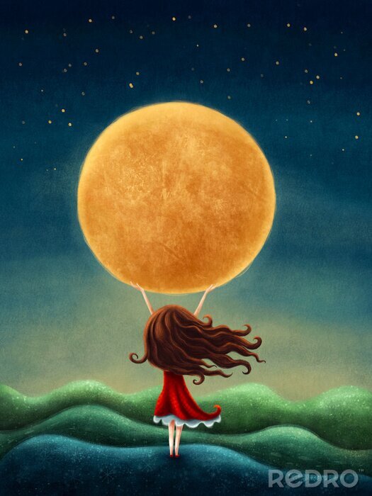 Poster Een meisje met een volle maan