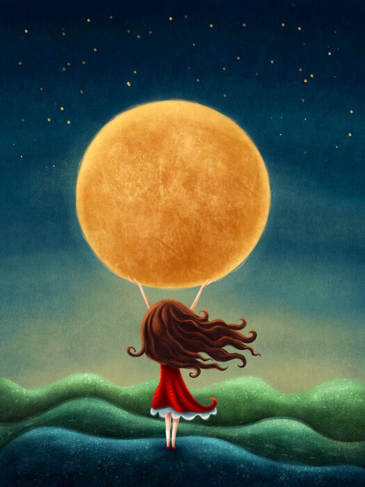 Poster Een meisje met een volle maan
