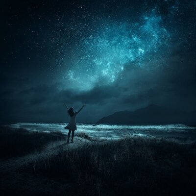 Poster Een meisje tegen de sterrenhemel