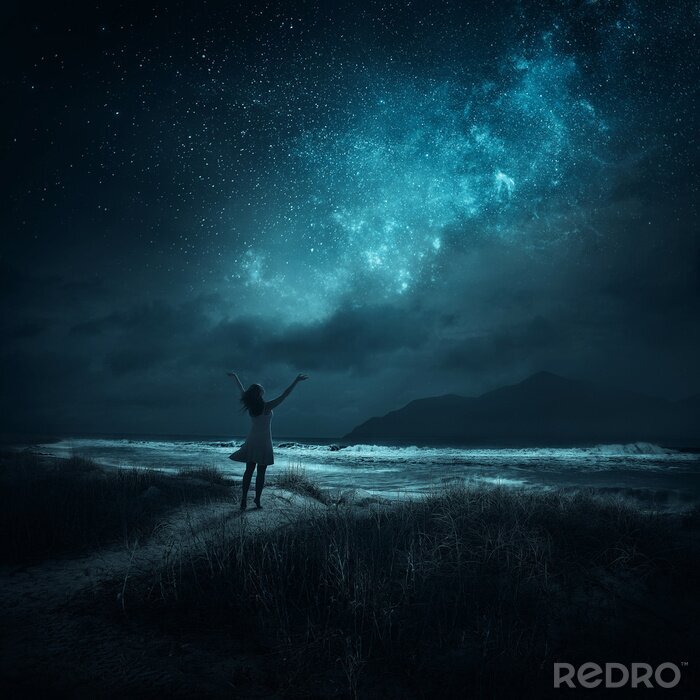 Poster Een meisje tegen de sterrenhemel
