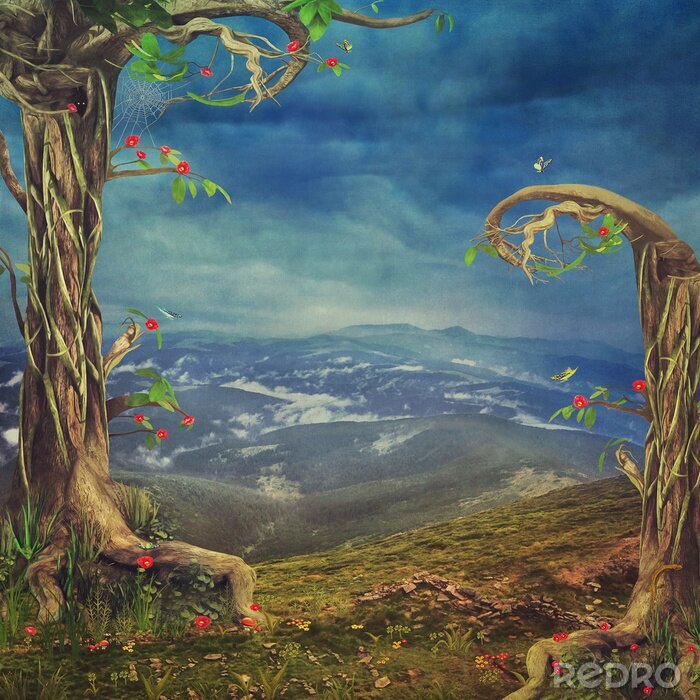 Poster Een mooie bos scène met bomen en gras in de bergen