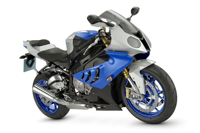 Poster Een motorfiets met blauwe elementen op een witte achtergrond.