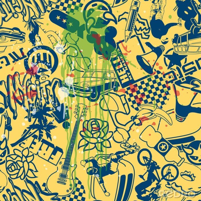 Poster Een mozaïek van tekeningen aan de muur