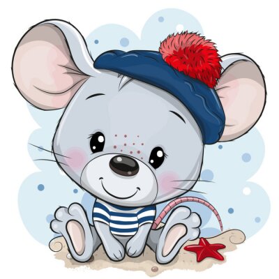 Poster Een muis in een baret met een rode kwast