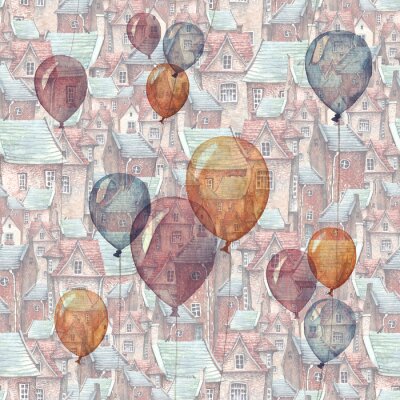 Een naadloos patroon met een aquarel illustratie van ballonnen en een oude stad op de achtergrond. Daken, Europese stenen huizen en vliegende ballonnen - romantisch sprookje.