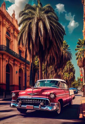 Poster Een oldtimer in een Cubaans stadje met palmbomen.