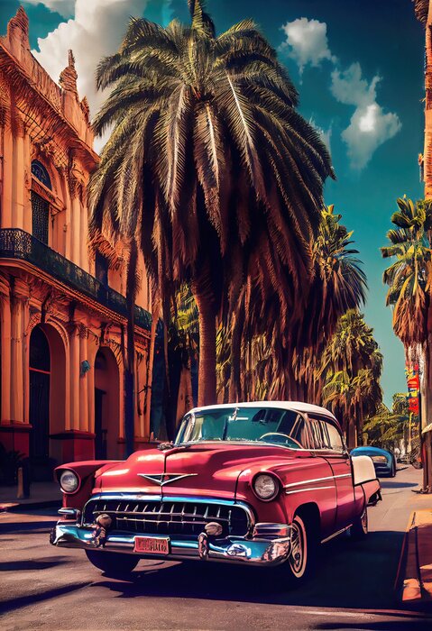 Poster Een oldtimer in een Cubaans stadje met palmbomen.