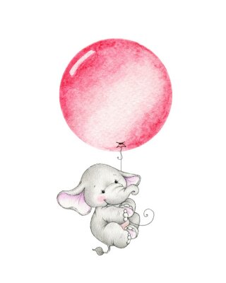 Poster Een olifant die met een ballon vliegt