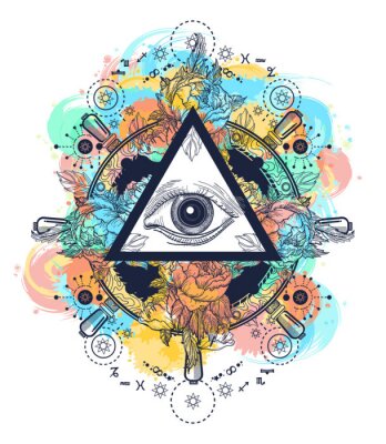 Poster Een oog in een driehoek op een achtergrond van kleurrijke bloemen