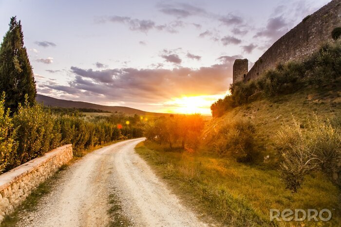 Poster Een pad in Toscane bij zonsondergang