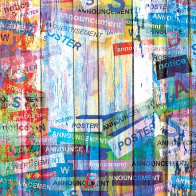 Poster Een patroon met planken bedekt met kleurrijke slogans.